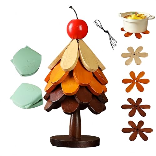 Rainbow-Colored 5Pcs Foldable Pine Wood Christmas Tree Trivet Set with Stand and Silicone Oven Mitts