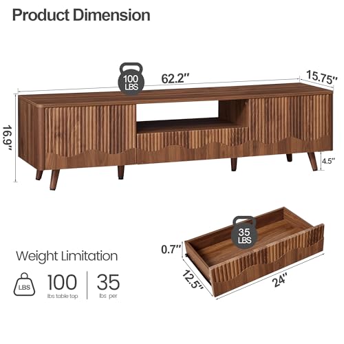 Fluted Wave TV Stand and Lift-Top Coffee Table Set, Walnut Brown