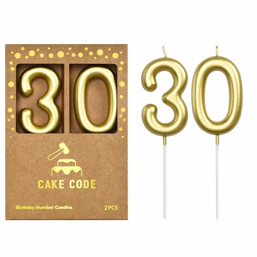 Gold 30 Birthday Number Candle - 2.76 Inch Large Cake Topper with Holder