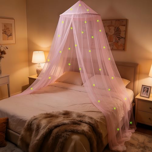 Pink Princess Bed Canopy with Glow-in-the-Dark Stars - Round Dome Curtain