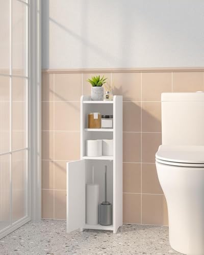 Narrow Bathroom Storage Cabinet with Adjustable Shelves, White Floor Organizer