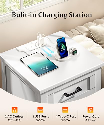 Set of 2 Farmhouse Nightstands with Charging Station, USB Ports & Drawer