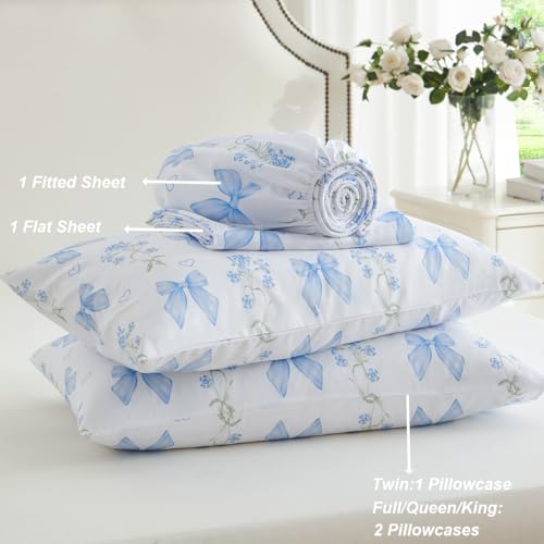 CCoutueChen Blue Bow & Floral Twin Sheet Set - Microfiber Bedroom Bedding