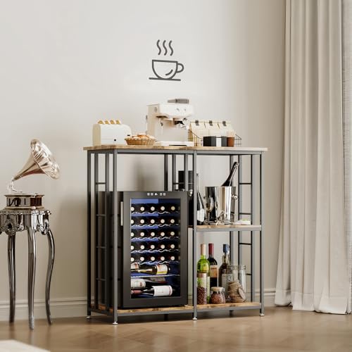Vintage Brown COCOLUCKY Mini Fridge Stand with 4-Tier Storage, Microwave & Coffee Bar