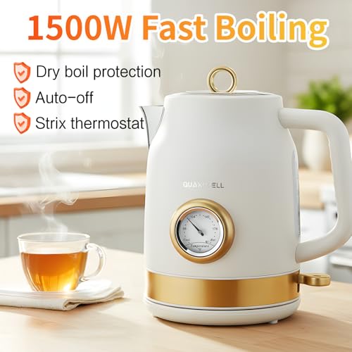 Retro Electric Tea Kettle, 1.7L Stainless Steel with Built-in Thermometer