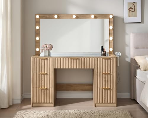 47-Inch Fluted Makeup Vanity Desk with Lighted Mirror and 7 Drawers