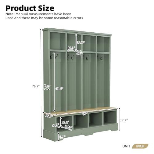 59-Inch Farmhouse Hall Tree with Bench, Shoe Storage, and 8 Coat Hooks