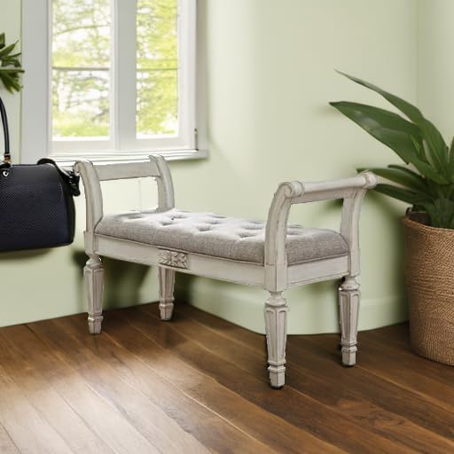 French Provincial Upholstered Accent Bench with Scrolled Arms, Antique White