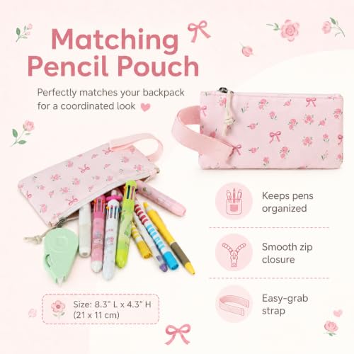 Girls School Backpack Set with Insulated Lunch Box & Pencil Bag - Pink Bow