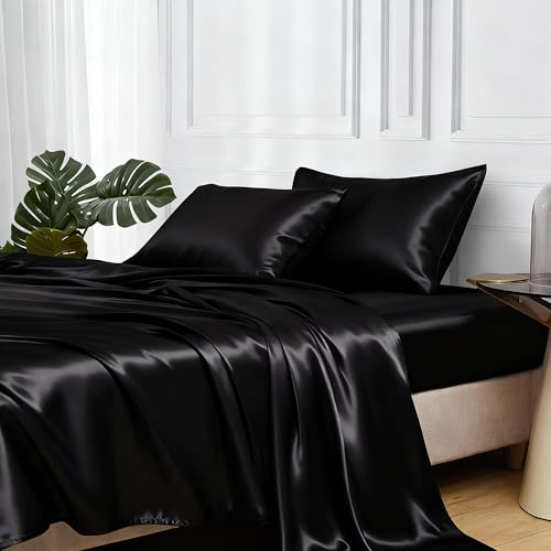 MR&HM Silky Satin Queen Sheet Set - 4 Piece Deep Pocket Bedding, Black