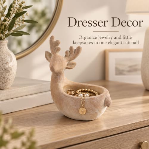 Beige Reindeer Decorative Bowl - Christmas Tabletop Centerpiece, 8.7" Cement Holiday Decor