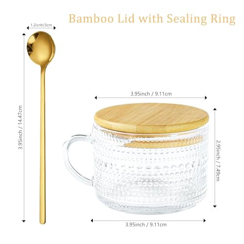 Icesip Hobnail Glass Mugs Set of 6 with Bamboo Lids & Spoons - 14oz, Sunflower & Hobnail Design