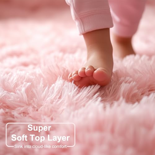 Light Pink Fluffy Area Rug (4x6) - Soft Plush Shag Carpet for Kids Bedroom