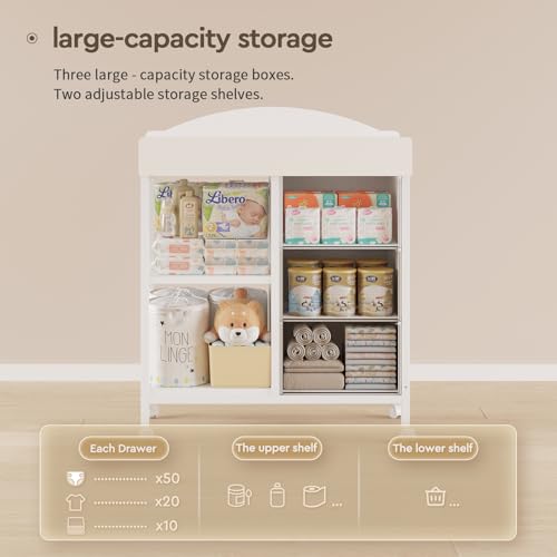 Baby Changing Table Dresser with 3 Drawers, 2 Shelves and Changing Pad