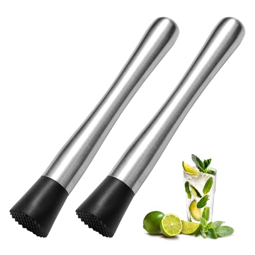 Eispap 2Pcs Silver 8 Inch Stainless Steel Cocktail Muddler & Mixing Spoon Set