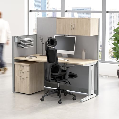 Bush Office Cubicle Storage Hutch with Paper Trays & Pencil Holder, Natural Elm