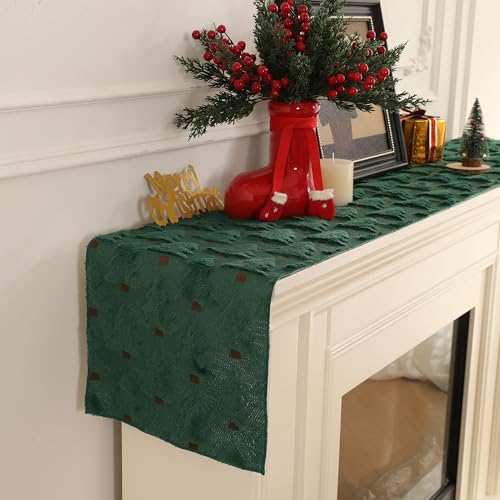 WKJZH Green Christmas Tree Table Runner 13x48 Inch Faux Plush Jacquard Seasonal Decor