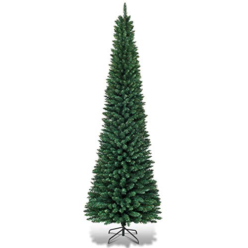 GIANTEX 7ft Artificial Pencil Christmas Tree with Hinged Branches & Metal Stand - Green, Space-Saving Holiday Decor