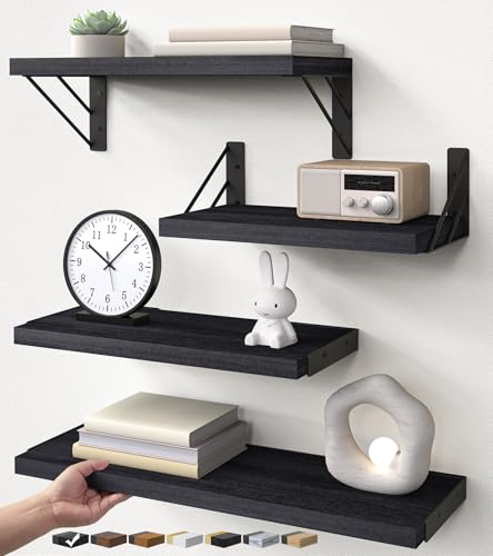 BAYKA Floating Wall Shelves - Rustic Wood Wall Storage Set of 4 Black