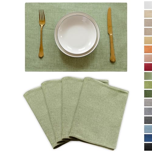 Sage Green Placemats Set of 4, 13x19 Inch Washable Linen Textured Table Mats