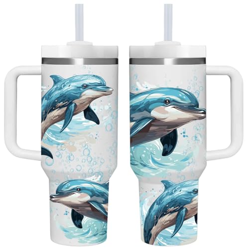 AMZUShome 40 OZ Dolphin Tumbler with Handle - Personalized Dolphin Lover Gift