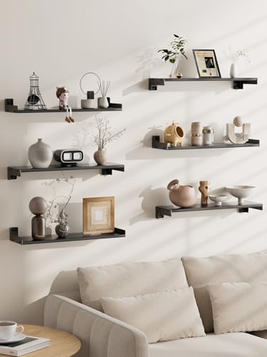 Set of 6 Corner Floating Shelves, Wall Mounted Rustic Wood Storage Shelves