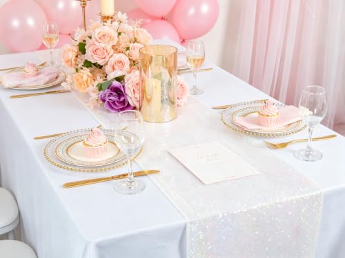 ShinyBeauty Iridescent White Sequin Table Runner 12x108 Inches 2-Pack for Weddings & Events