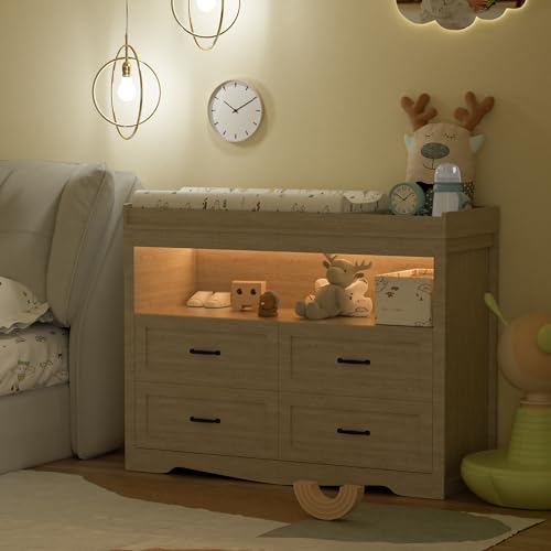 Baby Changing Table with LED Light and Detachable Nursery Dresser