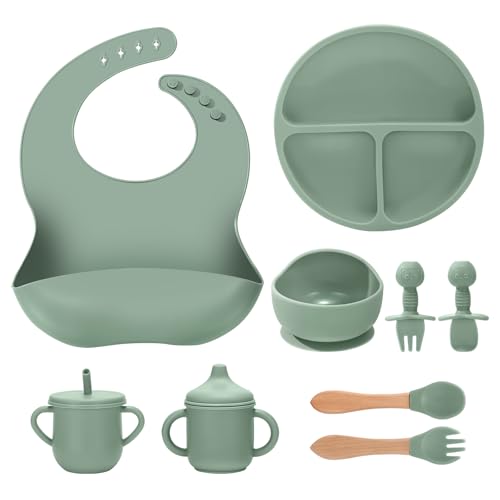Silicone Baby Feeding Set 9-Piece Spill-Proof Suction Plate Bowl Bib Green