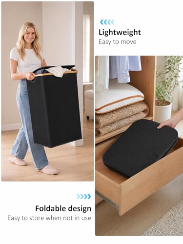 110L Large Laundry Hamper with Lid & Bamboo Handles - Collapsible Basket