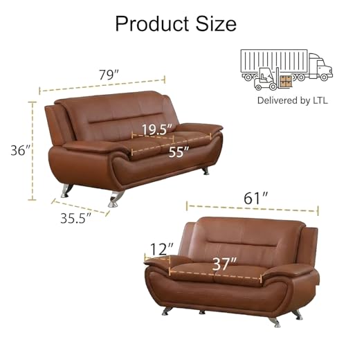 BrisaNube 2-Piece Leather Living Room Sofa Set - Modern Sectional Couch in Orange (Loveseat + 3 Seats)
