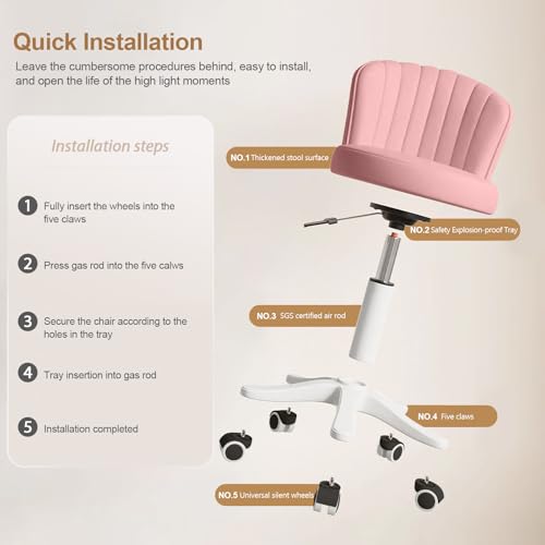 Small Rolling Vanity Chair, Armless Swivel Desk Chair with PU Leather Seat