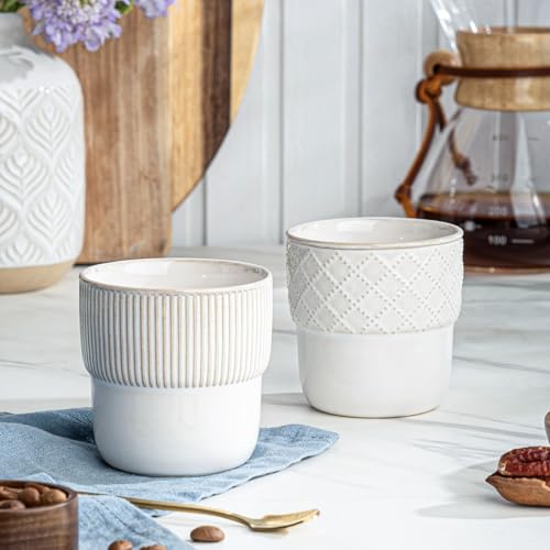 MIKIGEY Espresso Cups Set of 2 - 4oz Mini Coffee Mugs with Stripes & Checks, Dishwasher & Microwave Safe, Farmhouse Decor