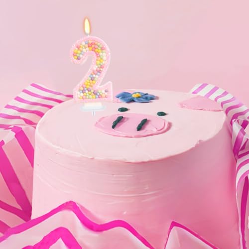 Pink Number 2 Birthday Candle - Glitter Macaron Cake Topper Decor