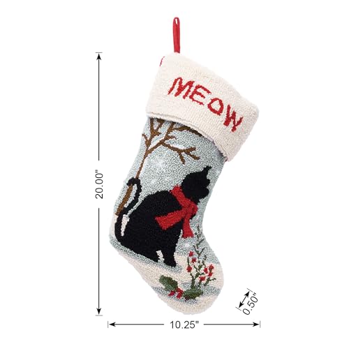 Cat Christmas Stocking 20in - Handmade Hooked Red 3D Cat Face with Gift Pocket, Glitzhome