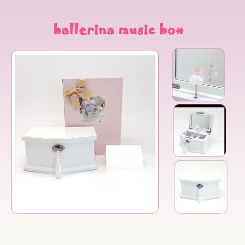 White Wooden Ballerina Musical Jewelry Box with Mirror and Lock
