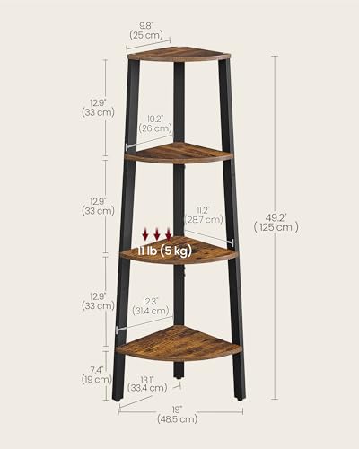 4-Tier Industrial Corner Shelf, Rustic Brown Wood and Metal Ladder Bookshelf