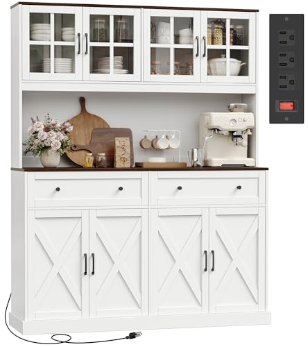 Tall Farmhouse Kitchen Pantry Cabinet with Charging Station and 2 Drawers