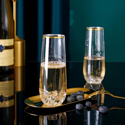 12-Pack Stemless Plastic Champagne Flutes, 9 oz Gold Rim Disposable Cups