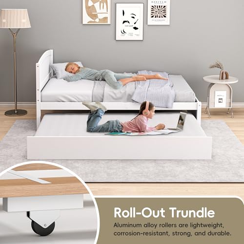 Twin Size Wooden Trundle Bed Frame with Pull-Out Bed - White
