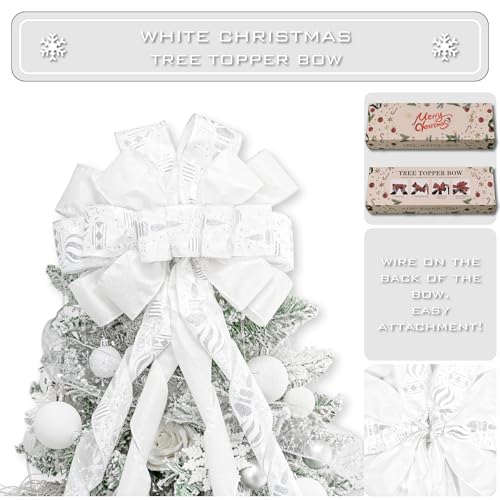 Large White Christmas Tree Topper Bow with Glitter Streamers - 53x13 Inch
