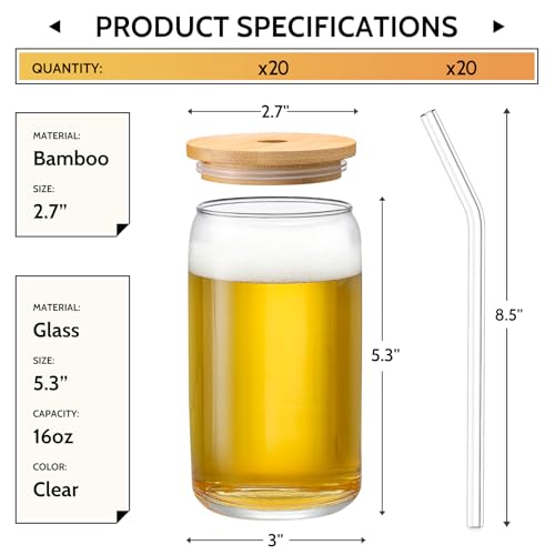 20-Piece Beer Can Glass Set with Bamboo Lids and Glass Straws - 16 oz