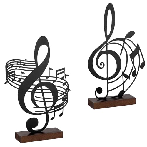 2 Pcs Metal Music Note Sculpture with Wood Stand for Home Office Decor