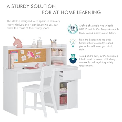 Kids Study Desk and Chair Set with Hutch, Storage, and Bulletin Board