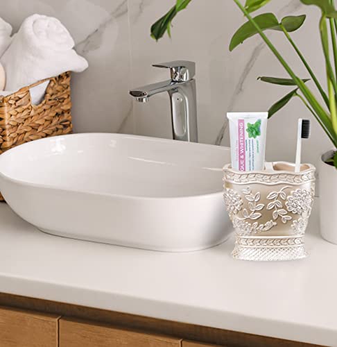 4-Piece Resin Bathroom Accessory Set - Rose Vine Design, Beige