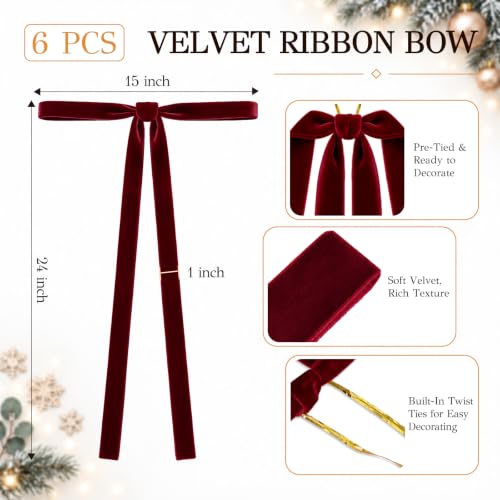 Milimot Burgundy Velvet Christmas Bows 15 x 24 in, 6-Pack (1 in Ribbon) - Pre-Tied