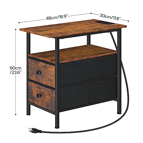 Industrial Narrow End Table with Charging Station and 2 Drawers