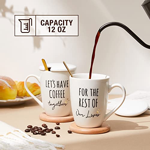 Lets Have Coffee Wedding Gift Set for Couples - 2 Ceramic Mugs, Gift Box, Coasters & Lids