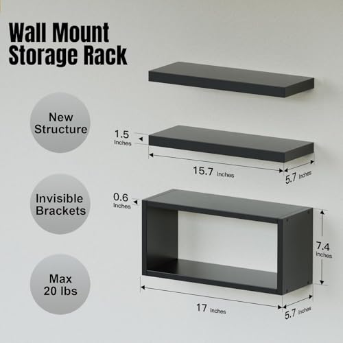 3-Piece Floating Wall Shelf Set, Black Moisture-Resistant Bathroom Storage