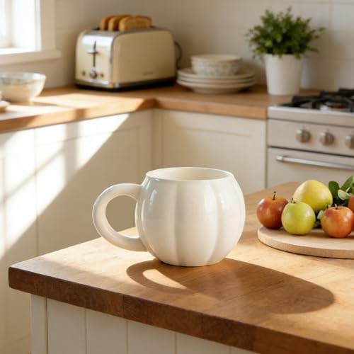 HOPOYGOS White Pumpkin Mug - Large 17oz Ceramic Coffee & Tea Cup, Fall Halloween Decor